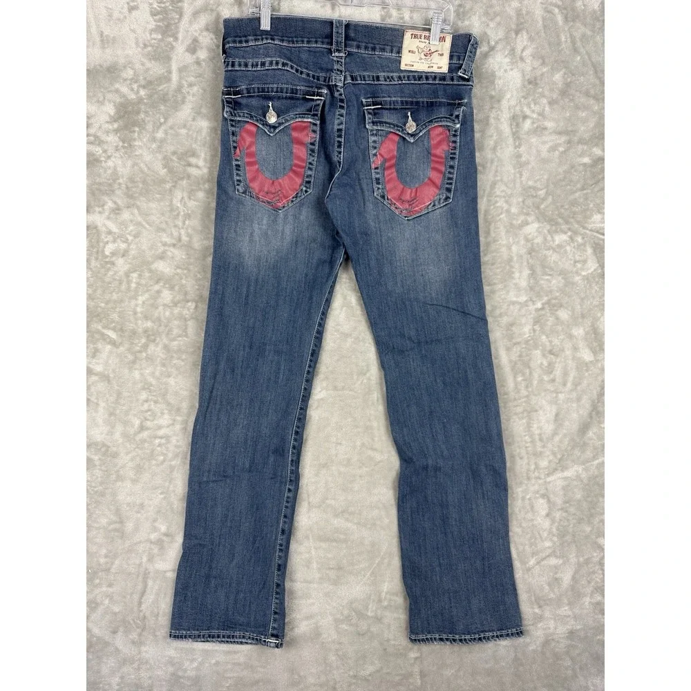 True Religion Ricky Relaxed Straight Blue Denim Jeans Mens 33 (fits 34x32)